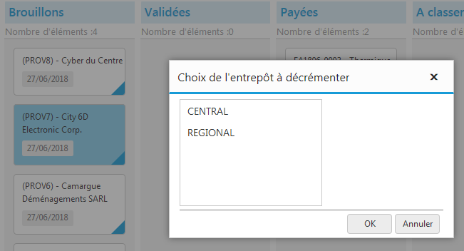 Factures clients - Choix entrepôt