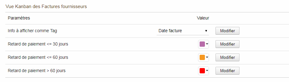 Paramétrage vue kanban des factures fournisseurs